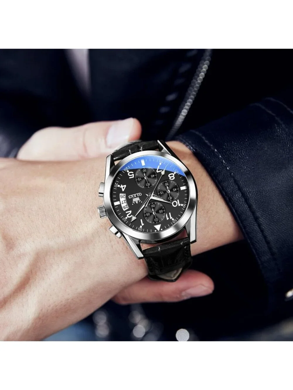 Men's Silver Black Leather Chronograph Watch Big Face Waterproof Luminous Watch